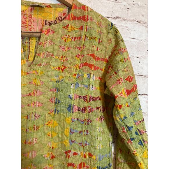 Neeru Kumar Artsy Tunic Top Womens Large Pea Green Art To Wear Embroidered RARE - Picture 4 of 12